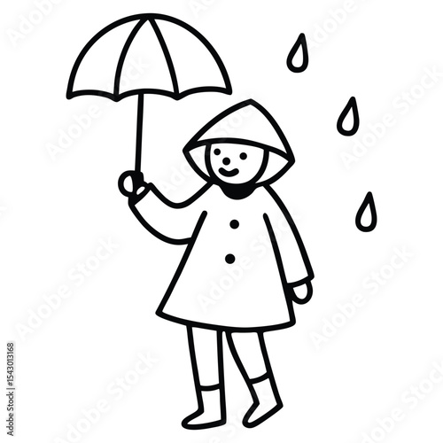  a rainy day in which a girl wearing an umbrella in a raincoat is enjoying the rain