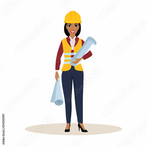 Female Architect with Blueprints: A confident female architect stands proudly, holding blueprints, embodying expertise and vision within her profession. 