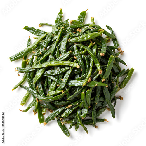 Fresh green beans arranged in a circular pile on a white background, showcasing vibrant color and natural texture, ideal for culinary presentations and healthy meal ideas