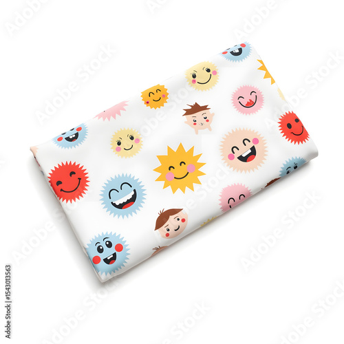 Colorful fabric featuring playful cartoon faces and cheerful suns, ideal for children's projects, crafts, or playful home decor, showcasing a vibrant and joyful design