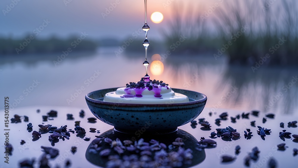 Obraz premium Pouring Liquid onto Dessert in Bowl with Lavender against Sunrise Backdrop