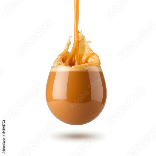 Creamy coffee beverage with splashes of liquid caramel cascading into a glass, showcasing a dynamic and appetizing scene of indulgence and flavor