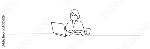 Group of people working continuous one line vector drawing. Students preparing to exams