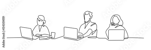 Group of people working continuous one line vector drawing. Students preparing to exams