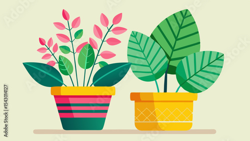 Colorful vector illustration of two indoor potted plants with unique foliage and vibrant containers