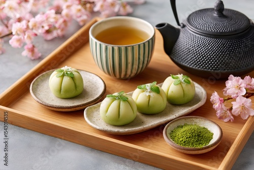 Traditional japanese green tea wagashi mochi served on wooden tray with sakura branches and teapot