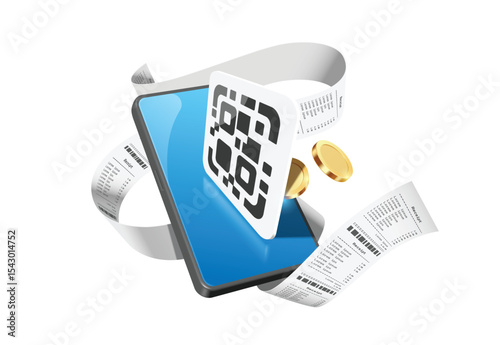 Use your smartphone to scan and pay or purchase online via QR code and a paper receipt or invoice will come out, vector 3d illustration isolated for online shopping, banking advertising design