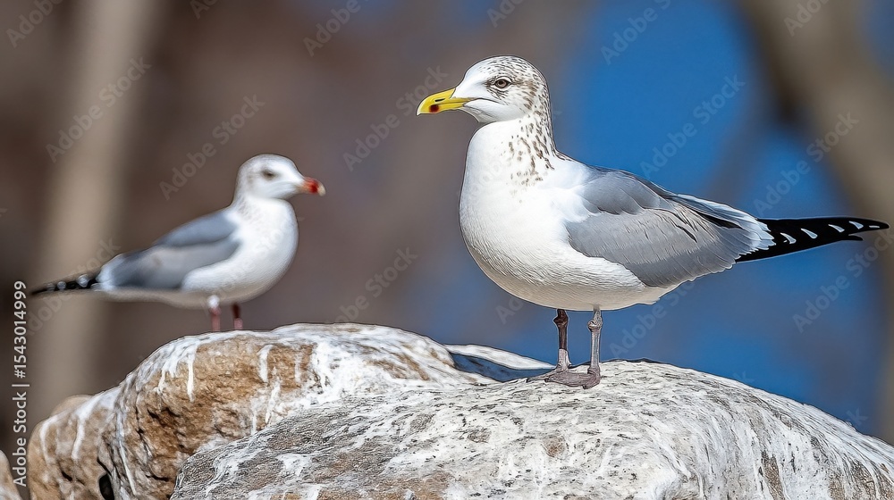 Obraz premium Two Seagulls Standing on Rock in Winter Season Day Time
