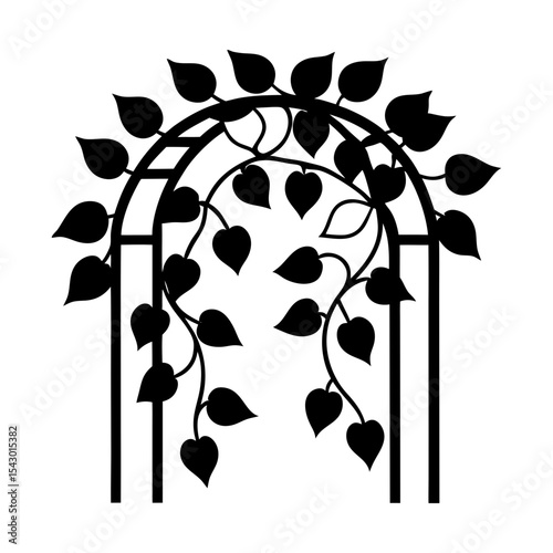 Botanical garden archway trellis vector illustration with climbing vines silhouette