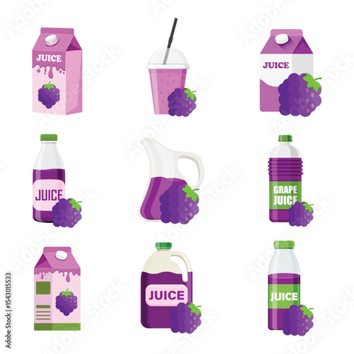 Grape juice icon set collection in flat style. Grapefruit drink vector illustration on isolated background. Healthy cocktail sign business concept.