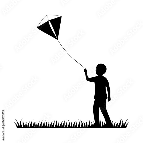 Silhouette of boy flying kite outdoor activity fun childhood playtime joy