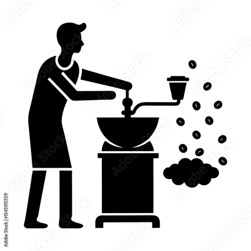 Person grinding fresh roasted aroma beverage beans with a manual grinder silhouette