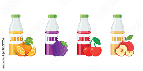 Grape, Cherry, Apple, Orange juice icon set collection in flat style. Organic drinks vector illustration on isolated background. Healthy cocktails sign business concept.