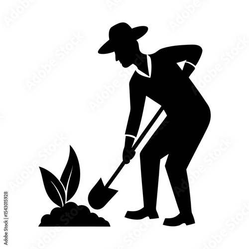 Illustration of farmer planting seedling agriculture cultivation growth silhouette