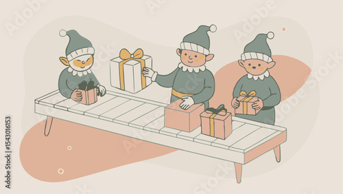 Illustration of three elves working on a conveyor belt packing christmas gifts with ribbons and bows