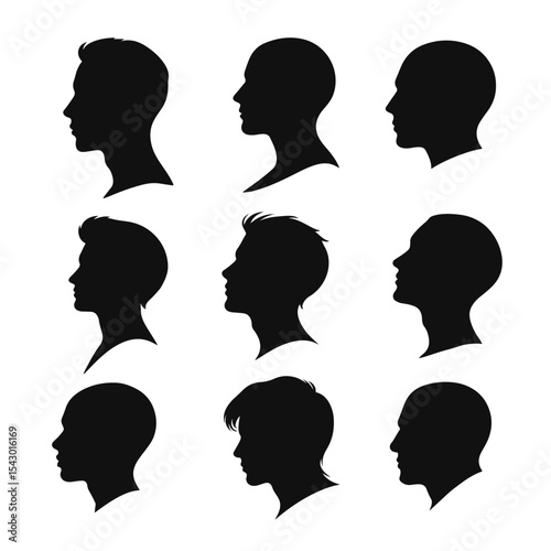 Male head silhouette set, profile icons of men with various hairstyles, vector black illustration, male profile, head silhouette, man icon, human head