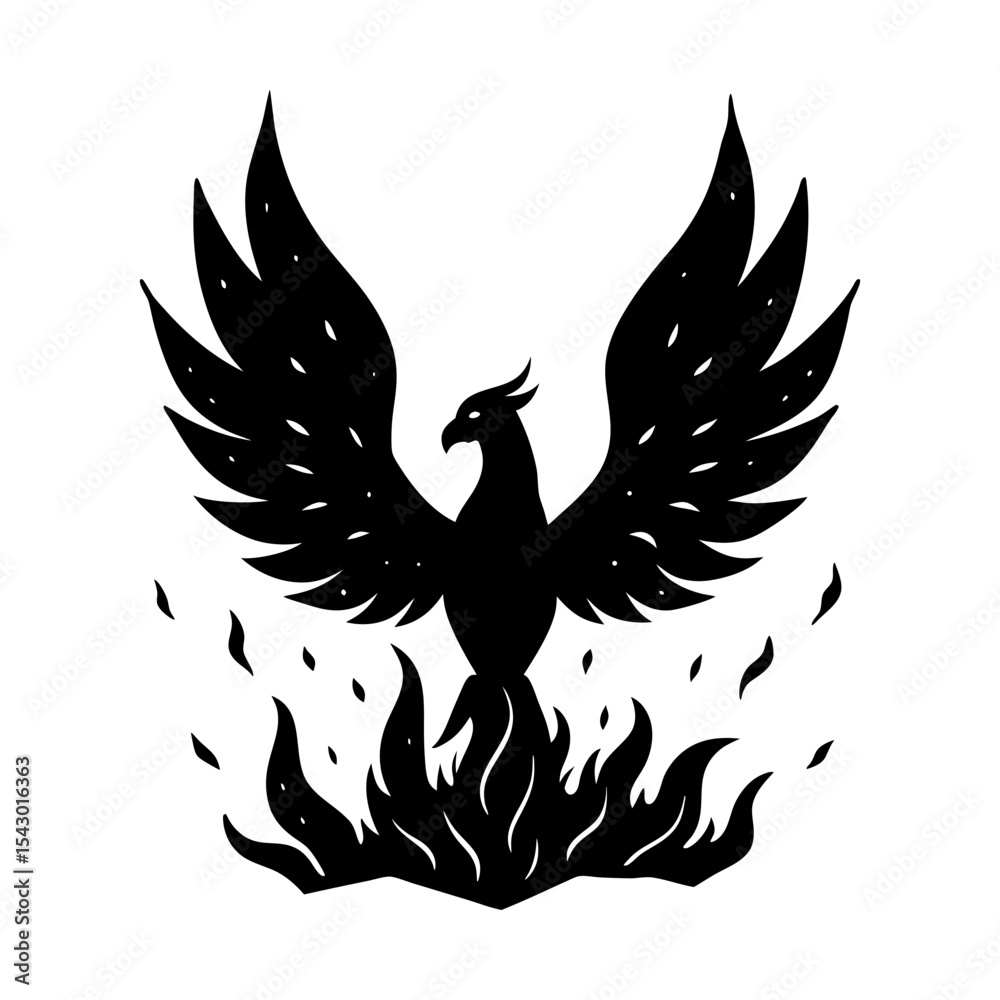 Obraz premium Phoenix rising from flames vector art illustration fire bird design silhouette