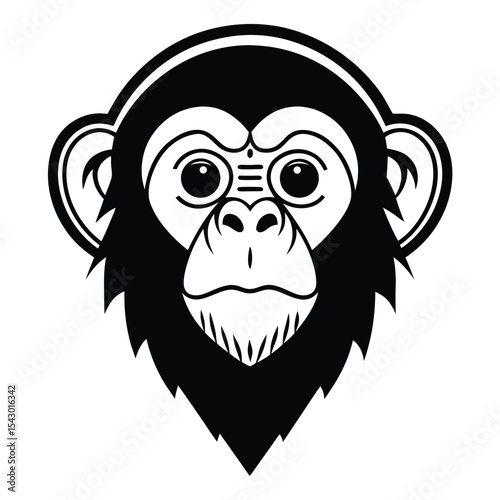 chimpanzee face in black and white art possesses a distinctive facial expression