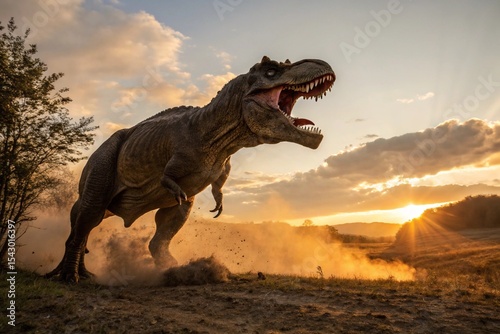 Fototapeta Naklejka Na Ścianę i Meble -  jurassic period t-rex dinosaur in natural habitat at dusk
