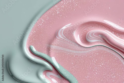 Abstract swirls of pink and mint green paint create a mesmerizing visual texture with a touch of glitter.