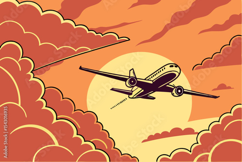 aviation scene with aircraft flying above cloudscape at dusk

