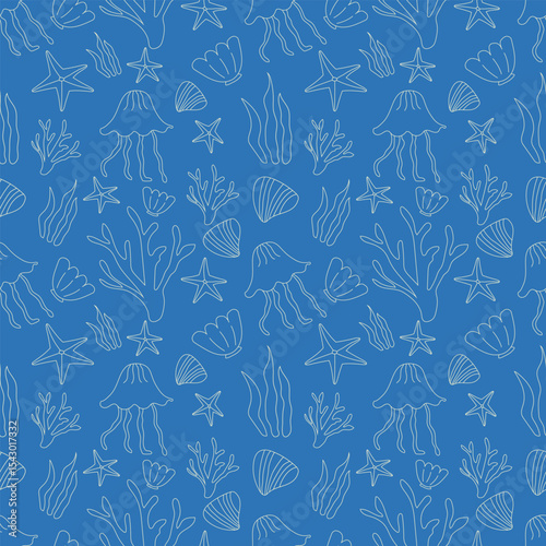 Hand draw cute sea animal on a blue background. Seamless pattern line art, seaweed, starfish, shell, and jellyfish for clothing, fabric, wallpaper, backdrop, home decoration, cover book, and wall art.
