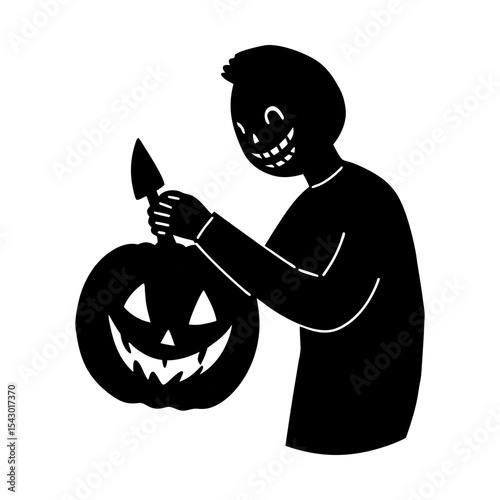 Man carving pumpkin artwork halloween season holiday celebration design silhouette