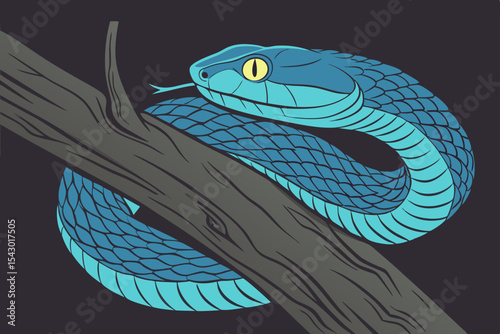 venomous looking snake with striking blue scales coiled tightly
