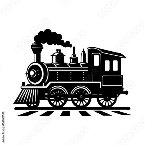 Vintage locomotive steam engine railroad transportation vector graphic silhouette