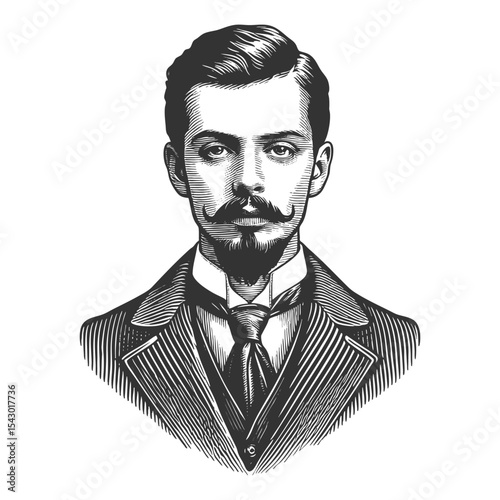 Victorian man with mustache and goatee in classic formal suit and tie sketch engraving generative ai fictional character vector illustration. Scratch board imitation. Black and white image.