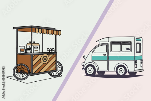 Coffee cart and mini food truck illustration with pastel color palette