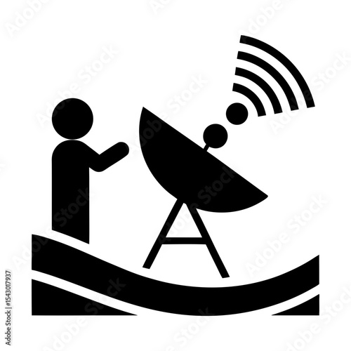 Man operating satellite dish antenna communication technology vector graphic silhouette