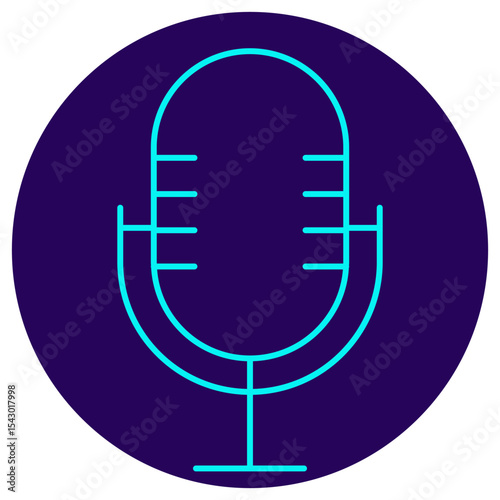 Microphone icon. Vector illustration with thin lines on a round dark blue background. Minimalistic pictogram for audio recording, voice control, podcasts, and digital communication concepts