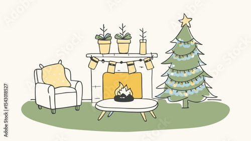 Illustration of a christmas tree and fireplace with armchair and table in a cozy living room scene