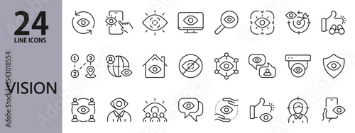 Vision line icons set with Eye, Search, Focus, Surveillance, Security, Target, User and more. Editable Stroke