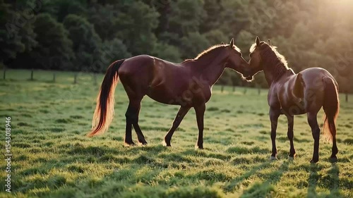 Graceful horses in lush green pasture performing breeding ritual