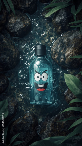 Floating Bottle in Clear Flowing River Surrounded by Small Curious Fish and Lush Jungle Plants – Playful and Mysterious Natural Outdoor Scene with Wet River Rocks and Soft Sunlight.