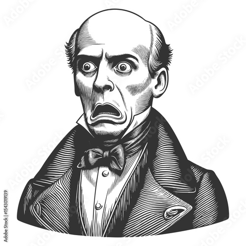 Funny Victorian man with a stunned expression, wearing a formal 19th-century suit and bow tie sketch engraving generative ai fictional character vector illustration. Scratch board. Black and white.