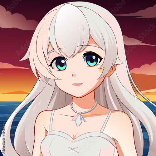 A white-haired maiden wearing a white dress by the sea. Ultra-HD, hyper detailed image