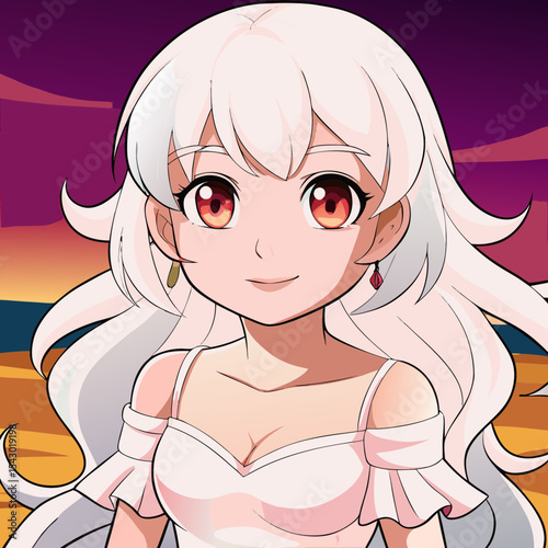 A white-haired maiden wearing a white dress by the sea. Ultra-HD, hyper detailed image