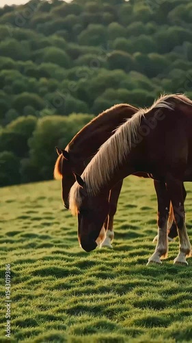 Slow-motion graceful horse breeding in peaceful pasture