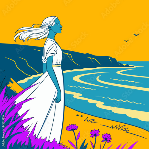 A white-haired maiden wearing a white dress by the sea. Ultra-HD, hyper detailed image