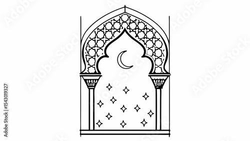 Illustration of an ornate archway with geometric patterns moon and stars in black and white outline style created with generated ai