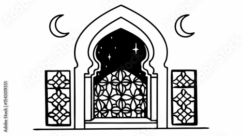 Elegant archway with floral lattice window and crescent moons in a monochrome line drawing style design created with generated ai