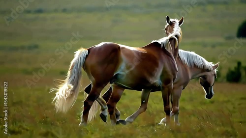 Horses grazing peacefully in a golden pasture during sunset