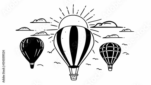 Three hot air balloons floating under a sun with clouds in a simple black and white line drawing style created with generated ai