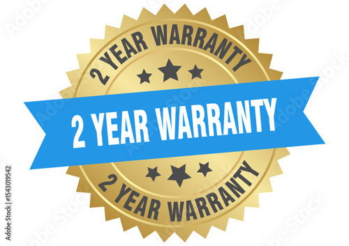 2 year warranty. 2 year warranty round blue and gold label isolated on transparent background