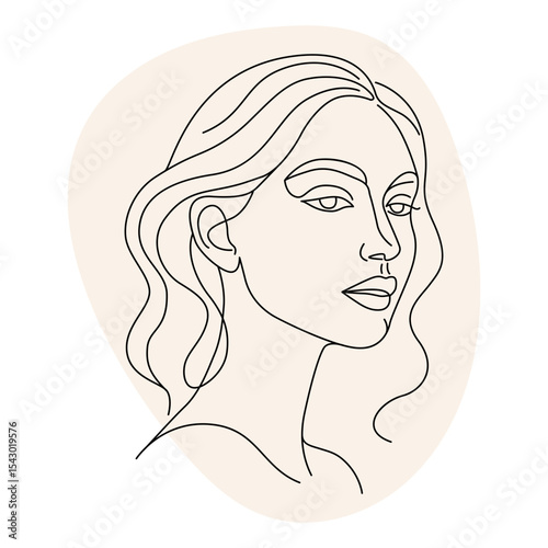 Minimalist one line drawing of a woman's face profile with a beige shape.