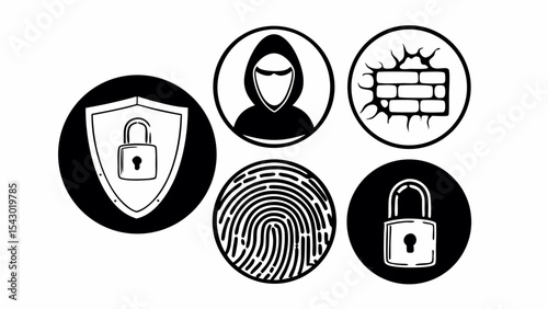 Security icons showing shield with padlock hacker fingerprint wall breach and second padlock design vector created with generated ai