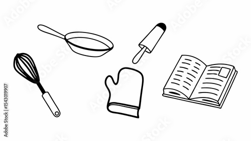 Illustration of kitchenware including a whisk, pan, oven mitt, rolling pin and an open recipe book created with generated ai
